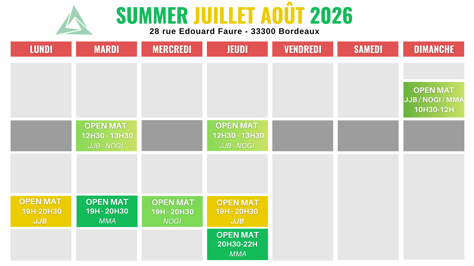 Planning été 2026 jjb mma bordeaux